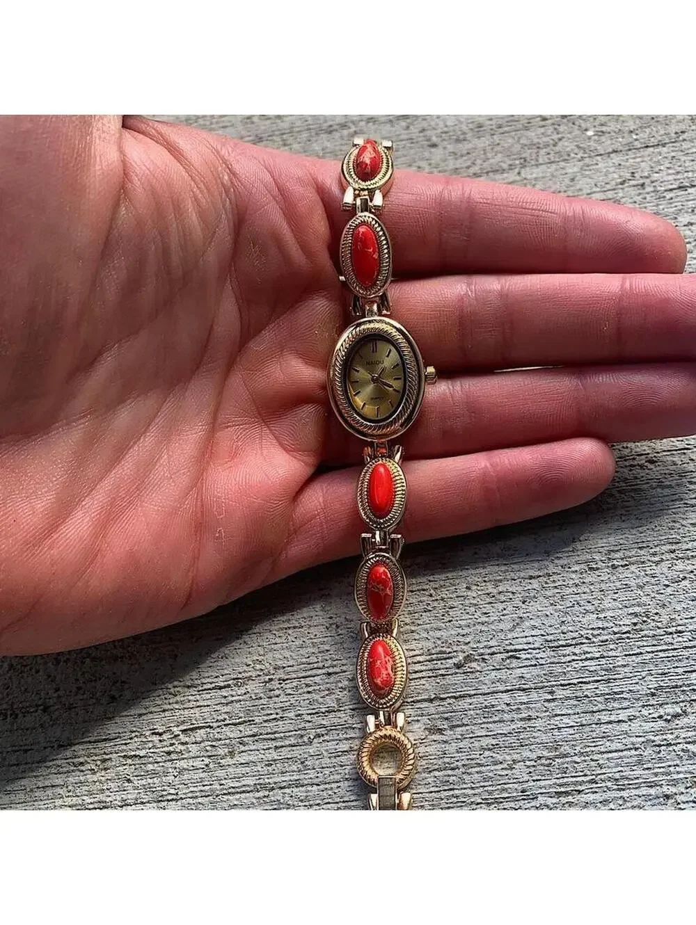 Y2k style Dainty cute Gold style tone quartz watch with red green jade stone